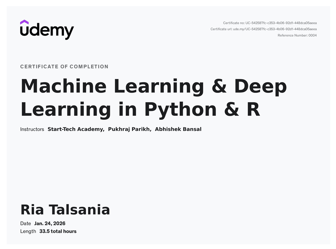 Machine Learning & Deep Learning in Python & R